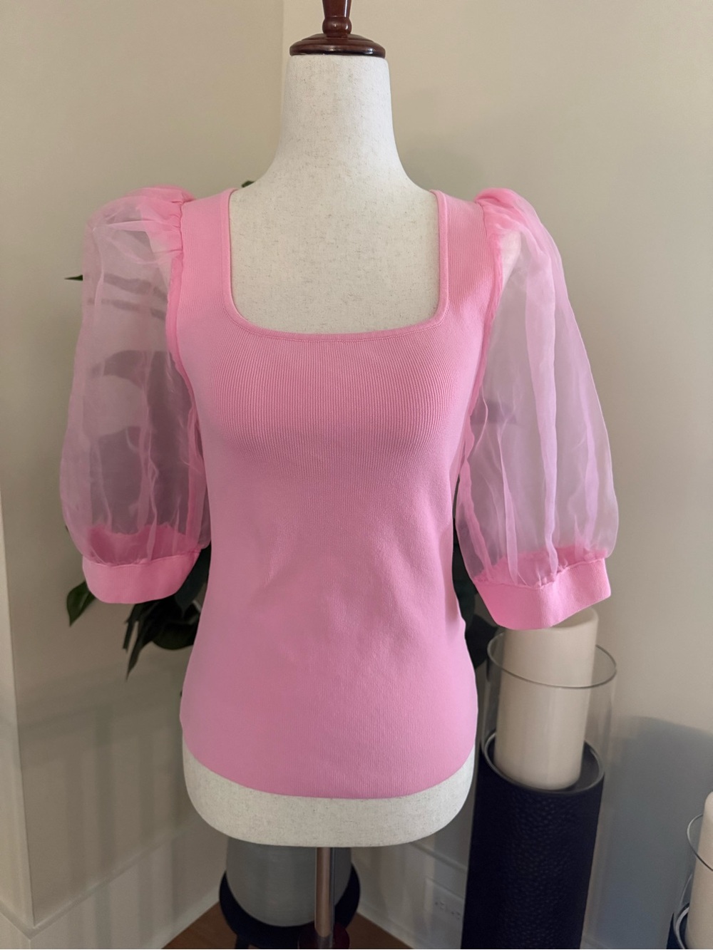 Joie Pink Organza Puff Sleeve Square Neck Knit Women's Top Sz. Mediun